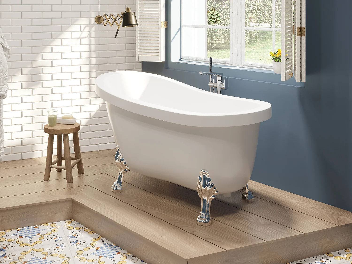 Vasca da bagno freestanding con piedi argento zampa di leone 200l 145x74x77cm Bianco Rétro - NISOS II