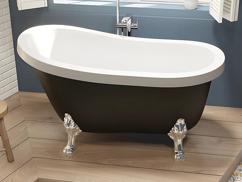 Freistehende Badewanne mit silberfarbenen Löwenfüßen - 200 L - 145 x 74 x 77 cm - Schwarz matt - NISOS II