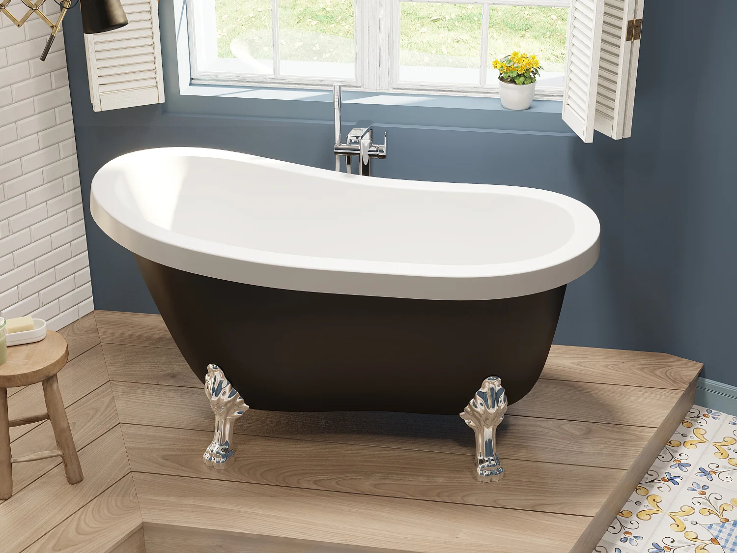 Vasca da bagno freestanding con piedi argento zampa di leone 200l 145x74x77cm Nero opaco Rétro - NISOS II