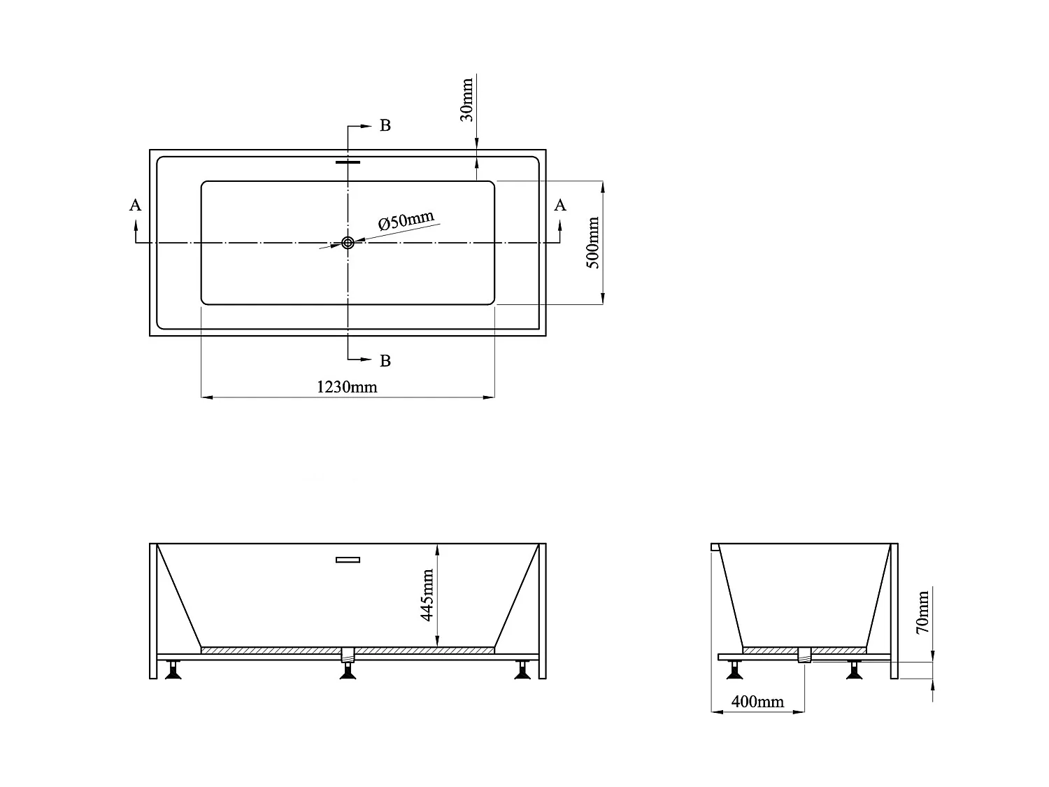 Halv-fristående rektangulär badkar - 315 L - 170 x 80 x 58 cm - Vit - Akryl - PIKAIA