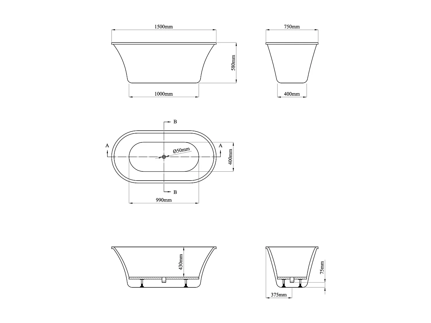 Baignoire îlot design - 193 L - 150 x 75 x 58 cm - Blanche - NOEMIE II