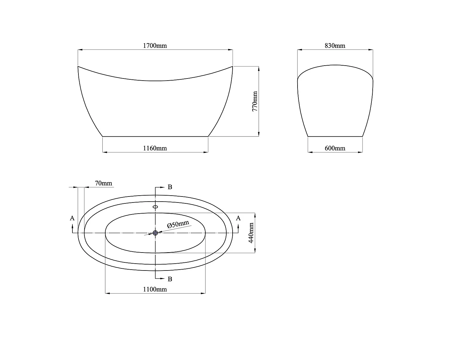 Baignoire îlot design blanche  - 225L - 170 x 83 x 77cm - ALDA
