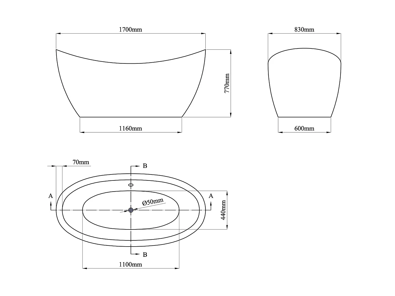 Baignoire îlot design blanche  - 225L - 170 x 83 x 77cm - ALDA