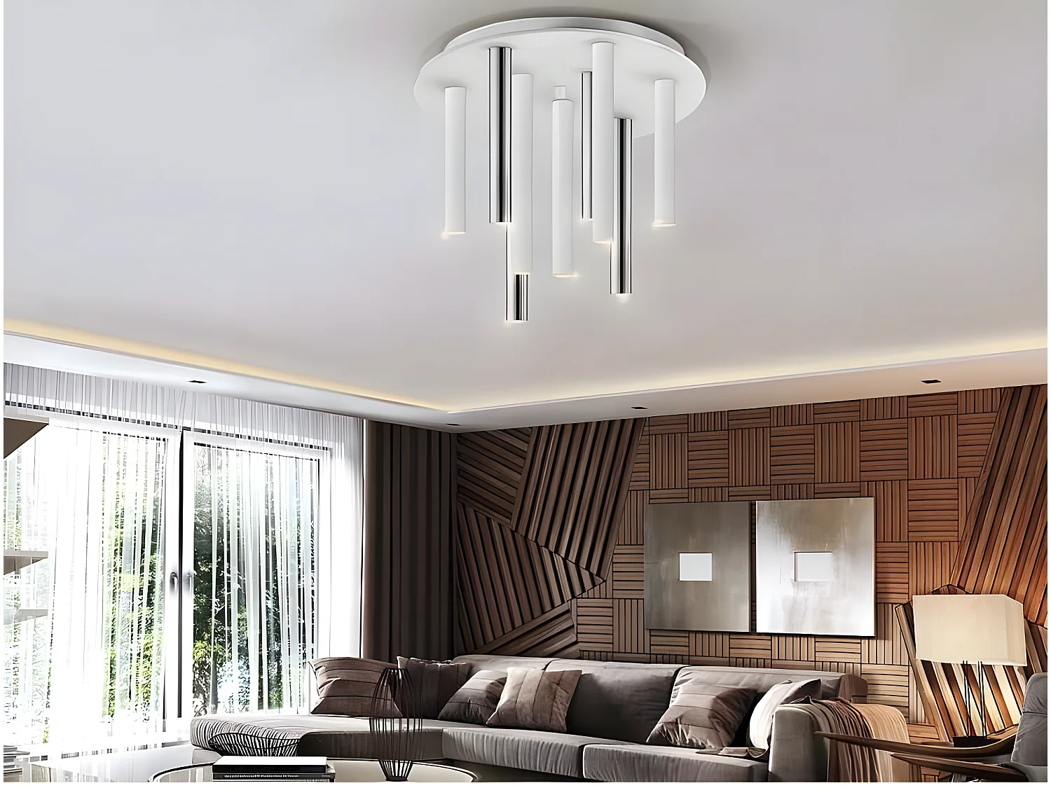 Plafon Blanco-cromo Led Dimable Modelo Varas 9 Luces