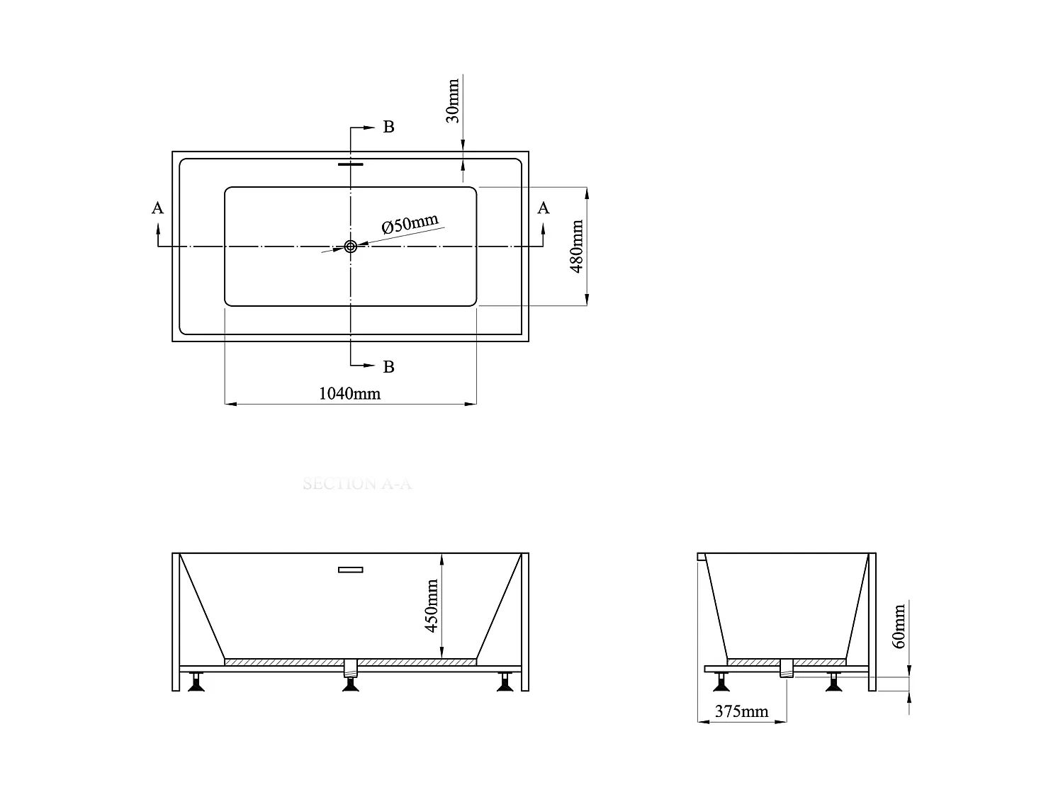 Badewanne halb freistehend - rechteckig - 250 L - 150 x 75 x 58 cm - Acryl - Weiß - PIKAIA