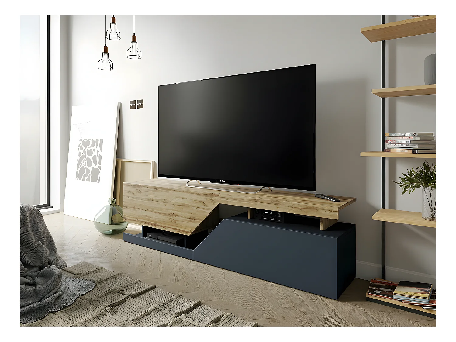Meuble TV "Ceelias" -160 x 46 x 35 cm - Gris/Marron