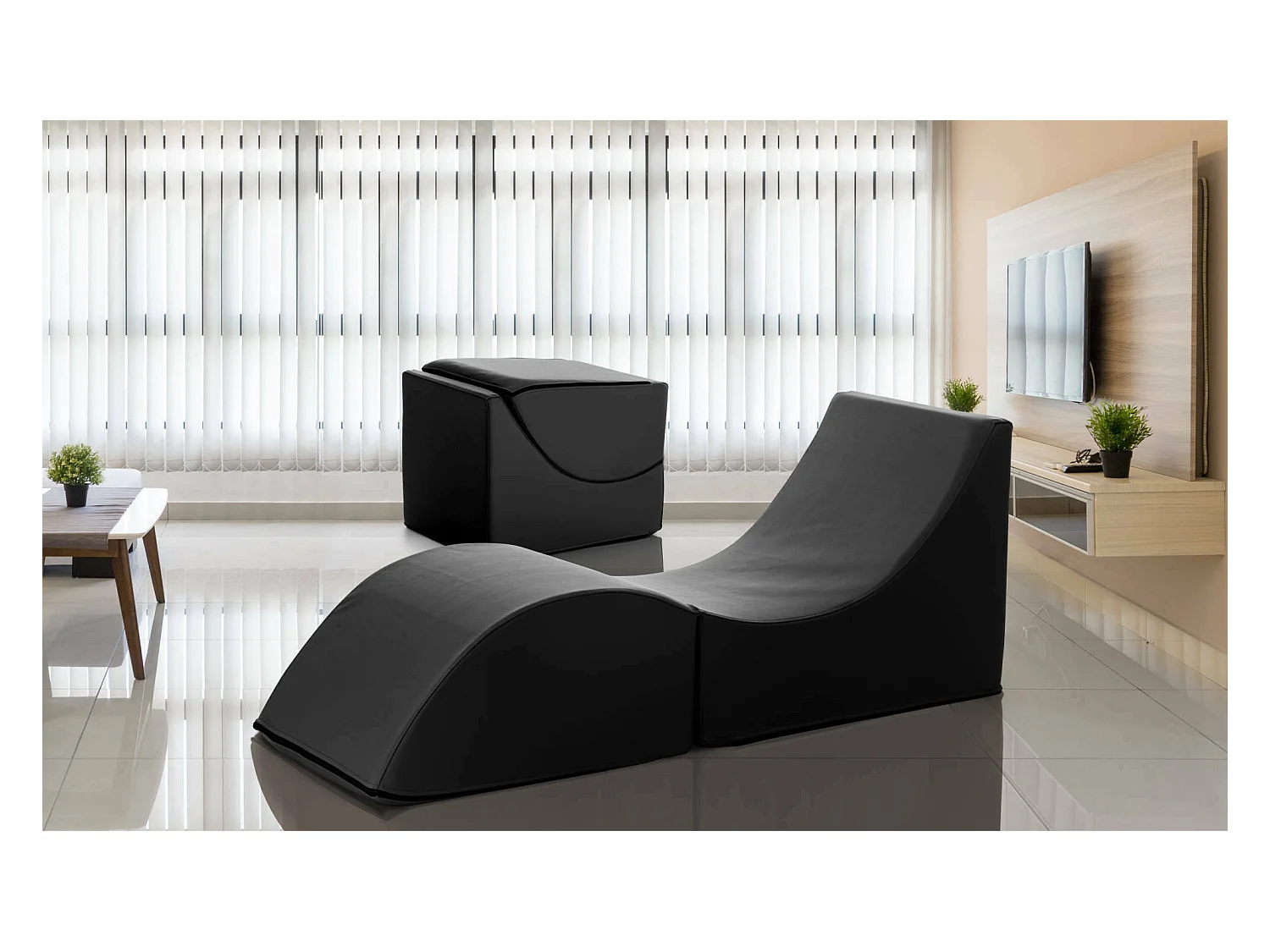 Dabaz opklapbed, Poef om te bouwen tot een eenpersoonsbed, 100% Made in Italy, Poef om te bouwen tot chaise longue in eco-leer, 130x50h50 cm, Zwart