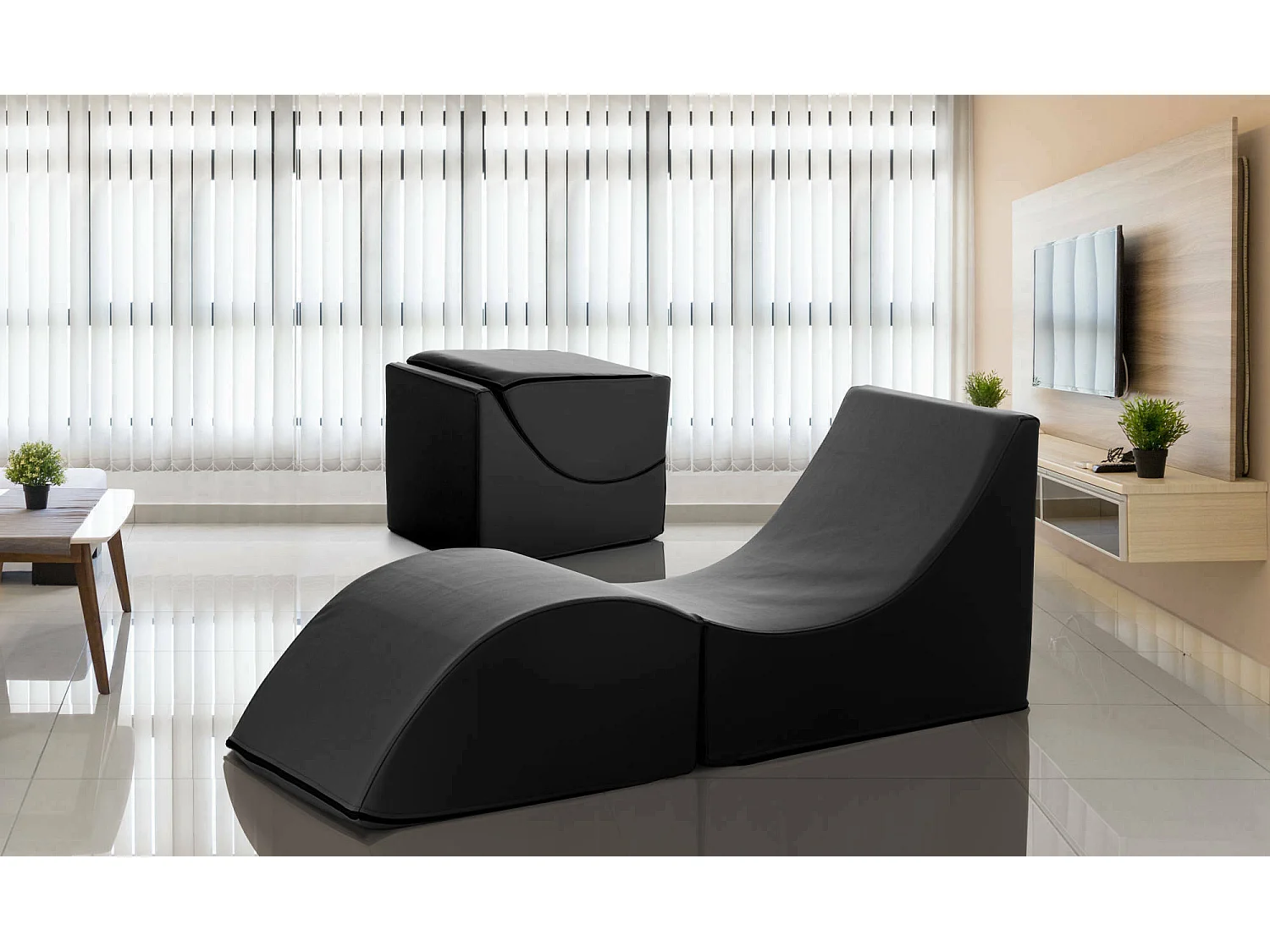 Dabaz opklapbed, Poef om te bouwen tot een eenpersoonsbed, 100% Made in Italy, Poef om te bouwen tot chaise longue in eco-leer, 130x50h50 cm, Zwart