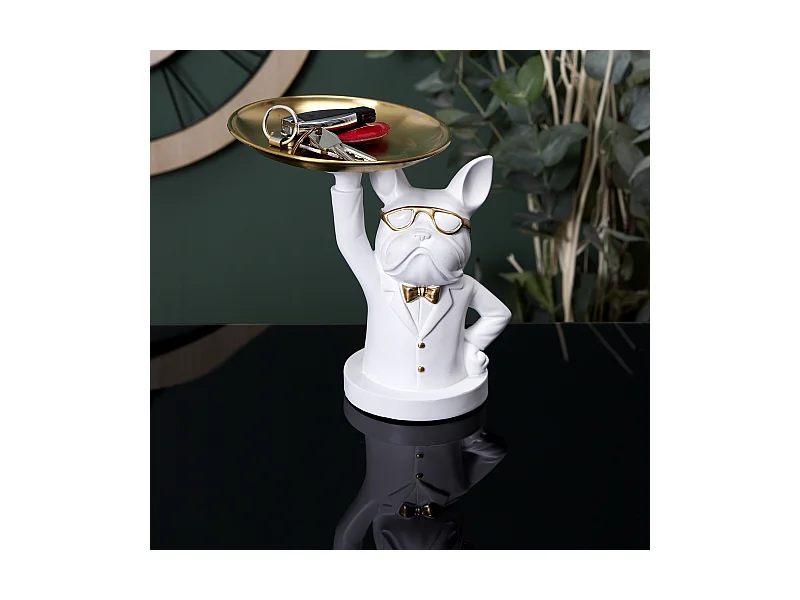 Statue Bulldog  Vide Poche  23cm Blanc, Or