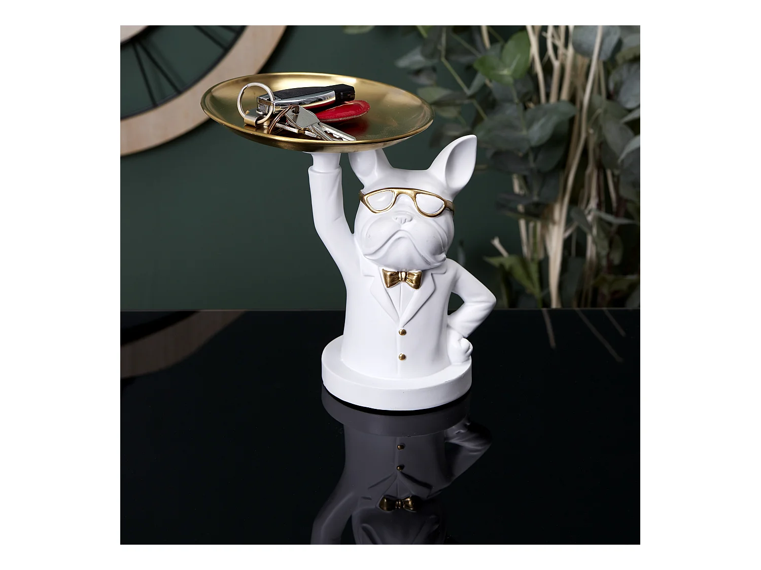 Statue Bulldog  Vide Poche  23cm Blanc, Or