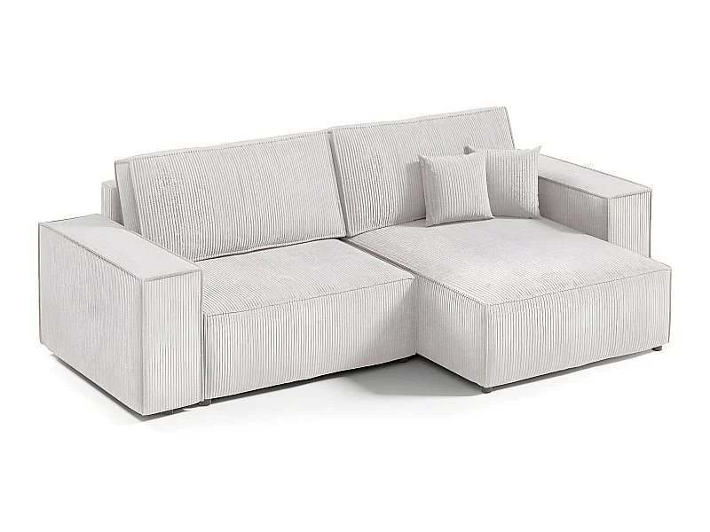 Canapé d'angle réversible et convertible 3 places avec coffre Isaac Mini velours côtelé Blanc cassé