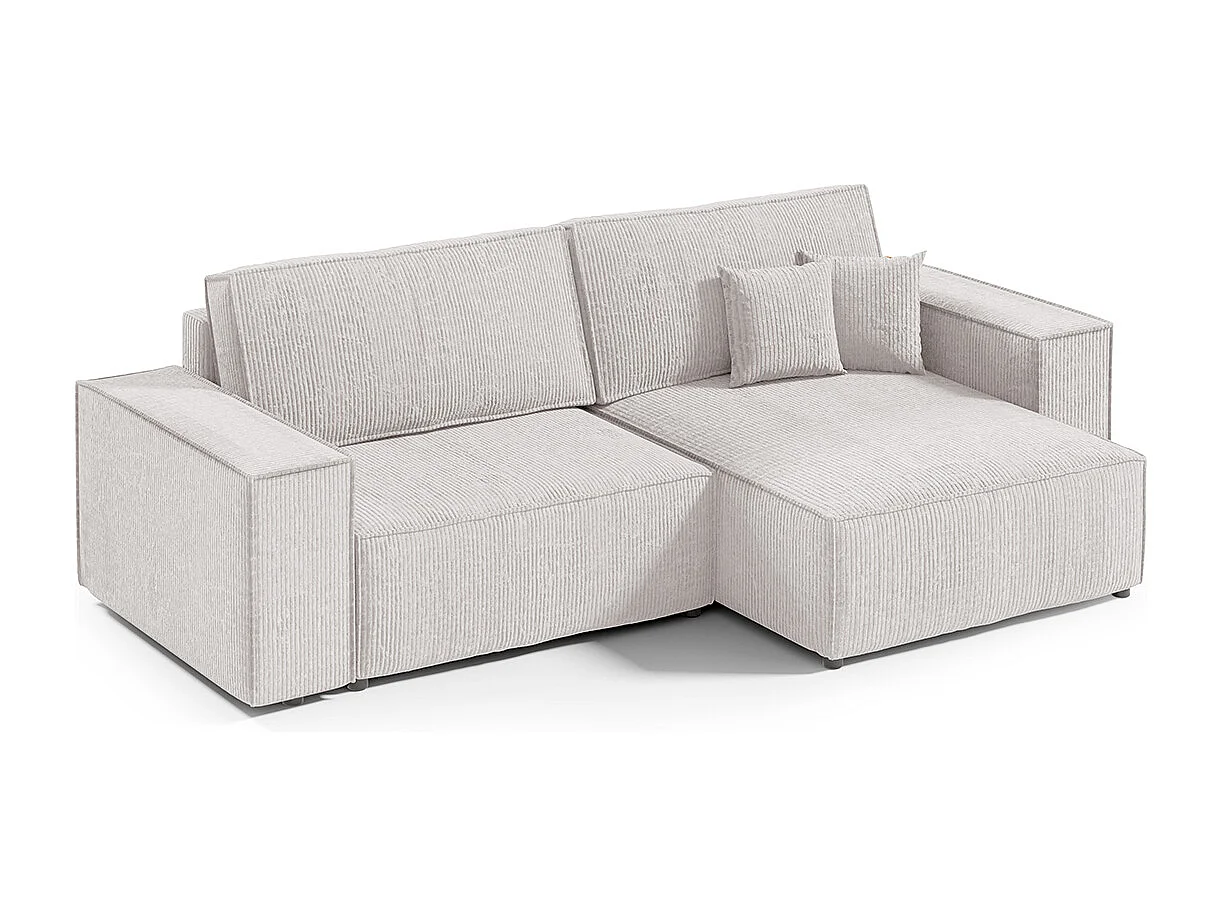 Canapé d'angle réversible et convertible 3 places avec coffre Isaac Mini velours côtelé Blanc cassé