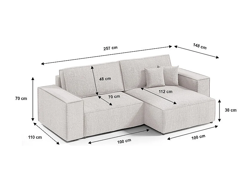 Canapé d'angle réversible et convertible 3 places avec coffre Isaac Mini velours côtelé Blanc cassé