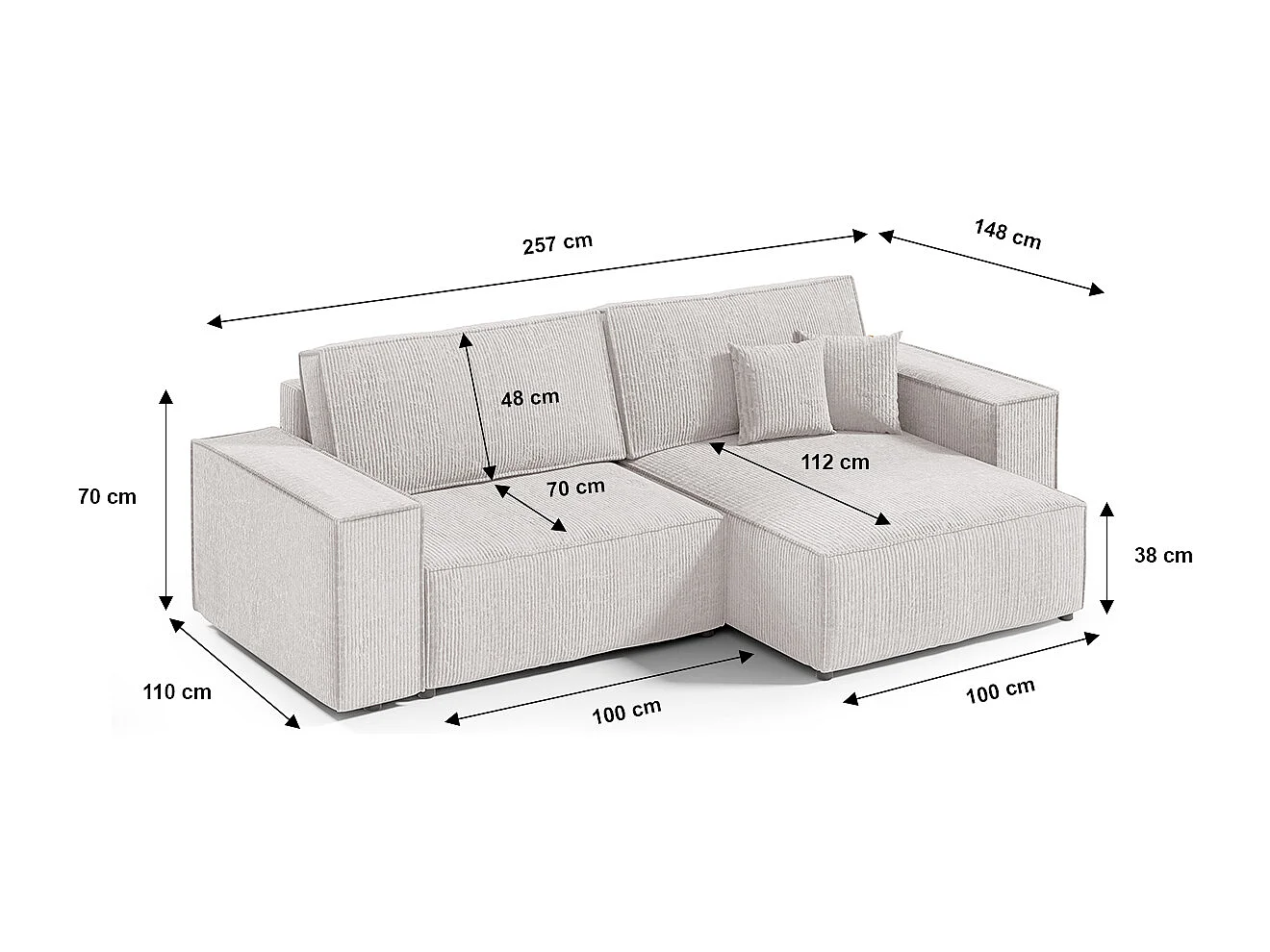 Canapé d'angle réversible et convertible 3 places avec coffre Isaac Mini velours côtelé Blanc cassé