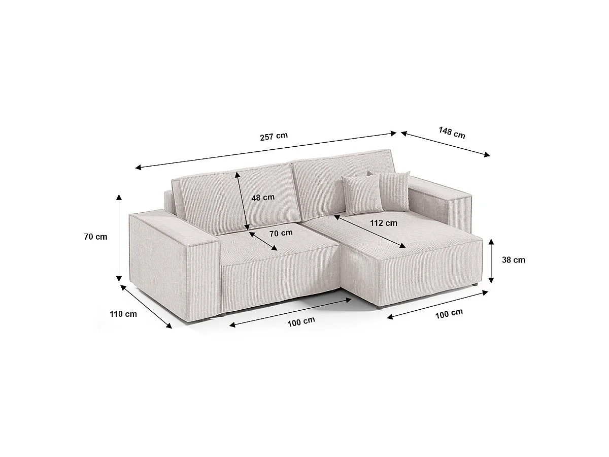 Canapé d'angle convertible 3 places en velours blanc casse ISAAC