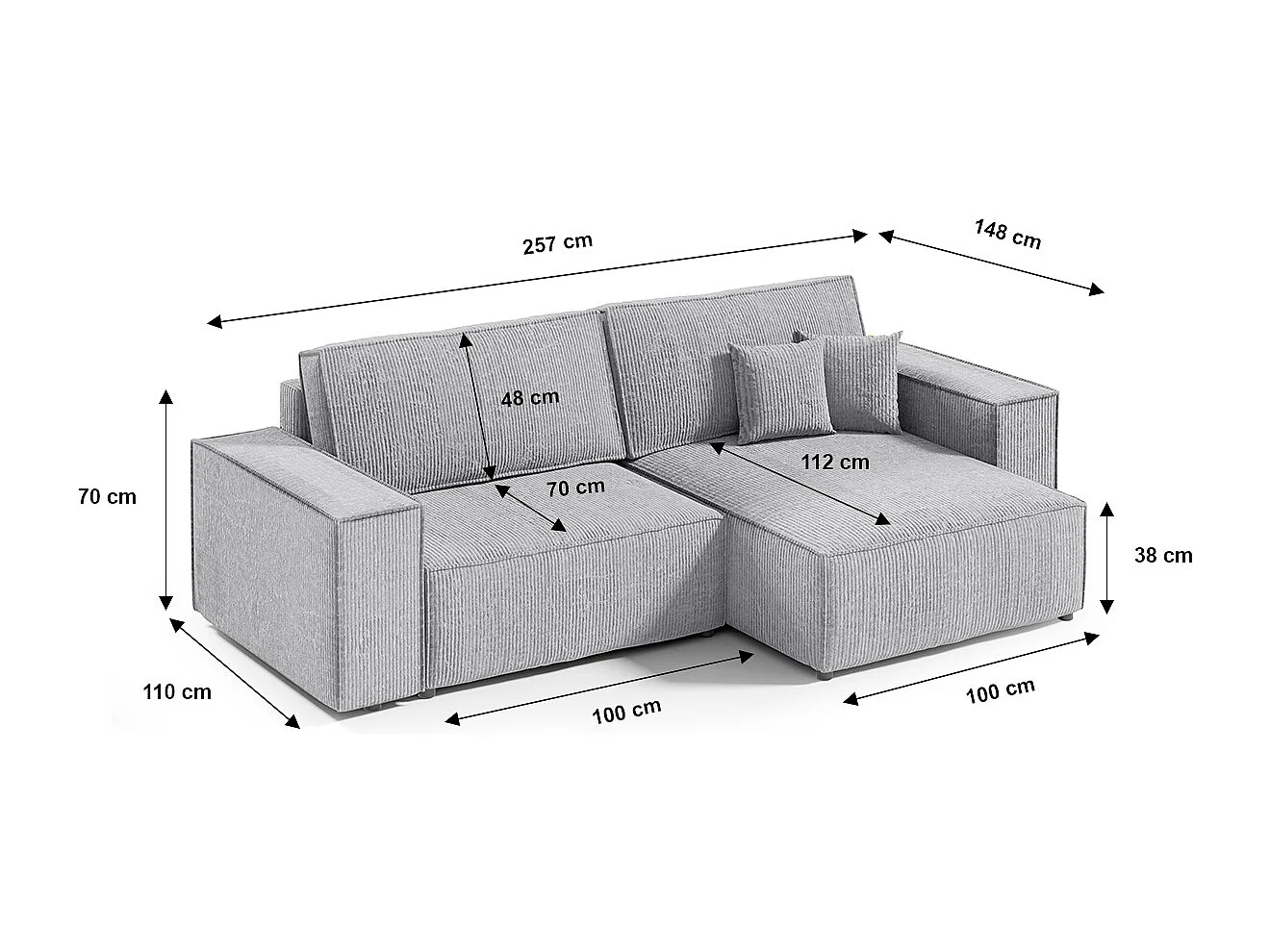 Canapé d'angle réversible et convertible 3 places avec coffre Isaac Mini velours côtelé Gris clair