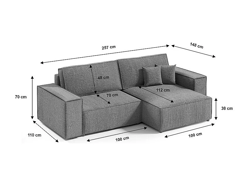 Canapé d'angle réversible et convertible 3 places avec coffre Isaac Mini velours côtelé Gris