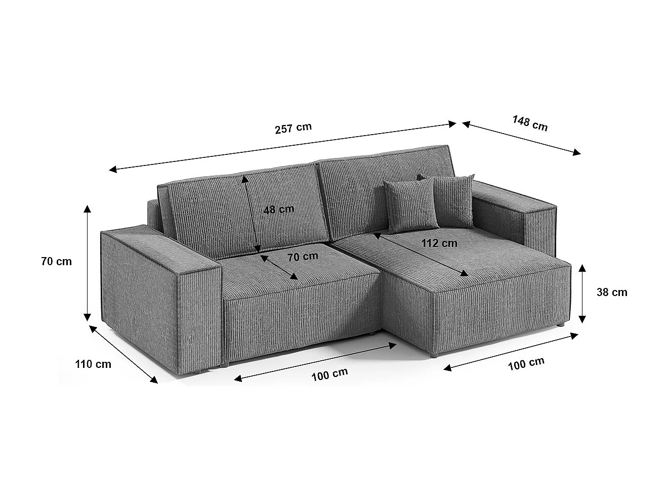 Canapé d'angle réversible et convertible 3 places avec coffre Isaac Mini velours côtelé Gris