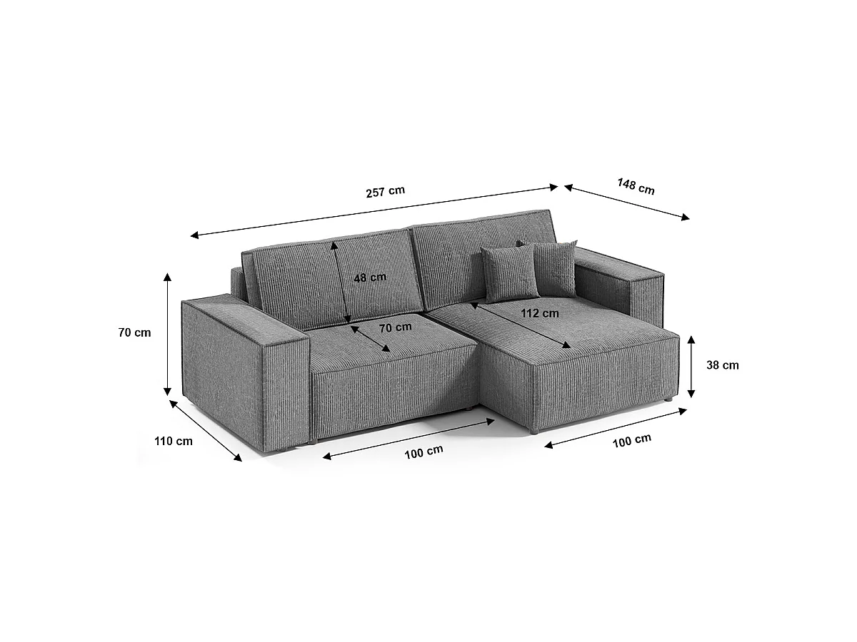Canapé d'angle convertible 3 places avec coffre en velours gris