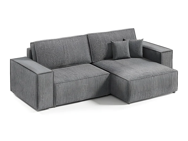Canapé d'angle réversible et convertible 3 places avec coffre Isaac Mini velours côtelé Gris