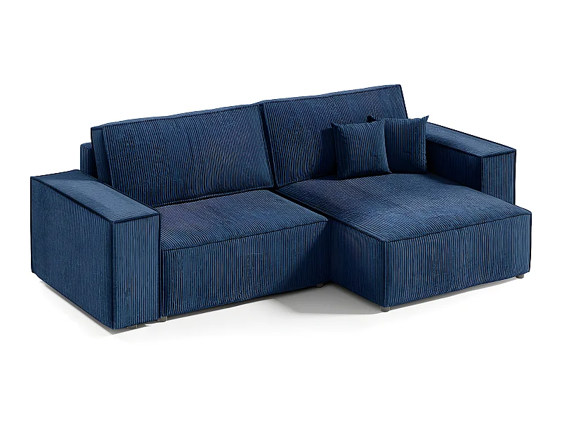 Canapé d'angle réversible et convertible 3 places avec coffre Isaac Mini velours côtelé Bleu