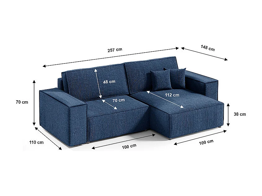 Canapé d'angle réversible et convertible 3 places avec coffre Isaac Mini velours côtelé Bleu