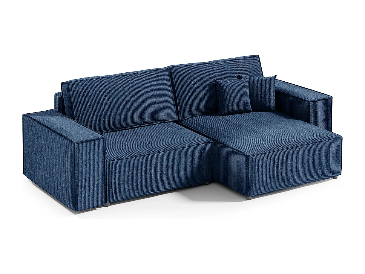 Canapé d'angle réversible et convertible 3 places avec coffre Isaac Mini velours côtelé Bleu