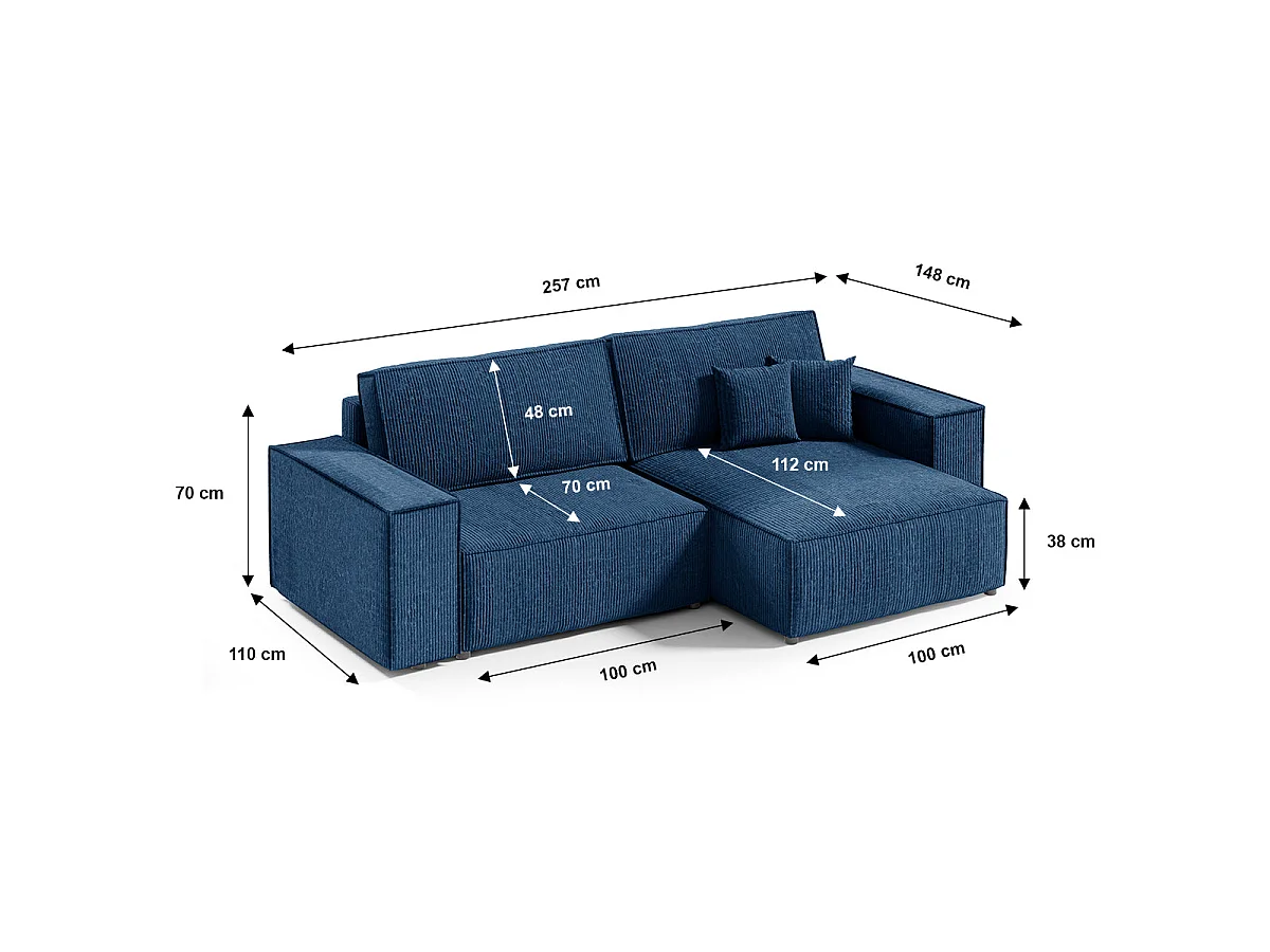 Canapé d'angle convertible 3 places avec coffre en velours bleu