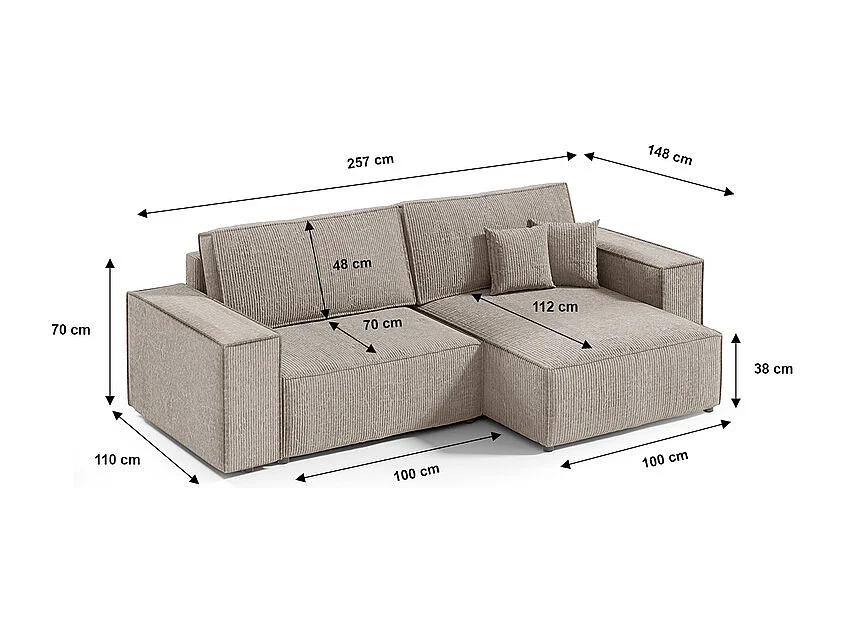 Canapé d'angle réversible et convertible 3 places avec coffre Isaac Mini velours côtelé Taupe