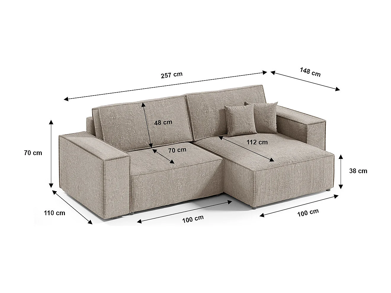 Canapé d'angle convertible 3 places avec coffre en velours taupe