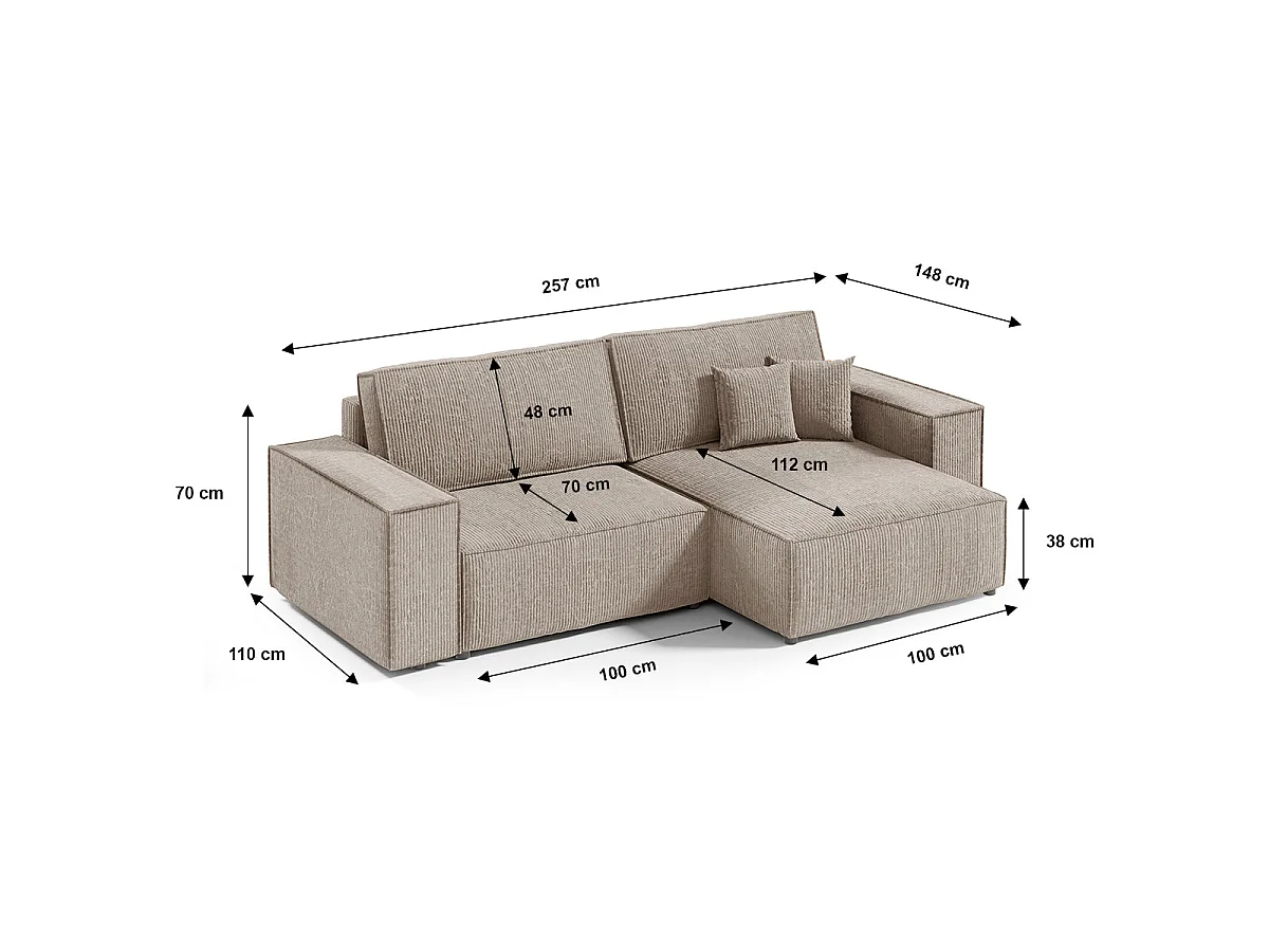 Canapé d'angle convertible 3 places avec coffre en velours taupe