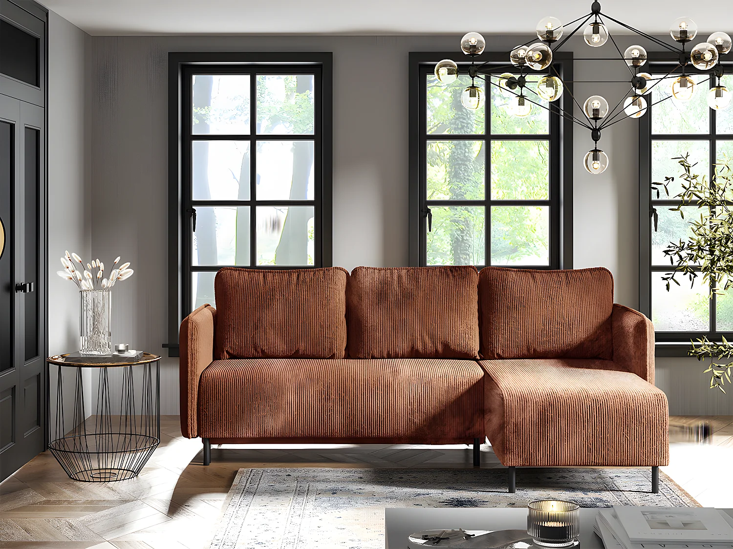 Canapé d'angle réversible et convertible 3 places avec coffre Robin velours côtelé Orange brique