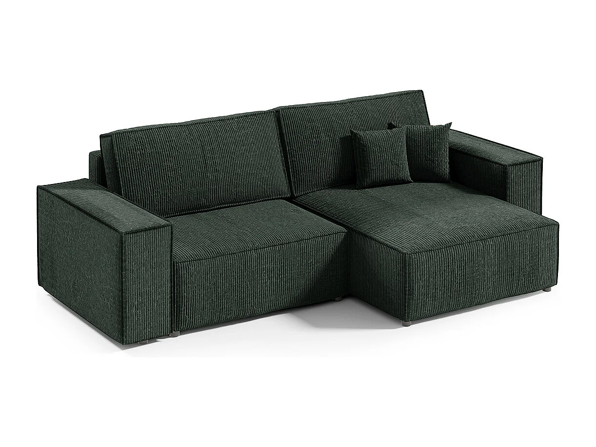 Canapé d'angle réversible et convertible 3 places avec coffre Isaac Mini velours côtelé Vert sapin