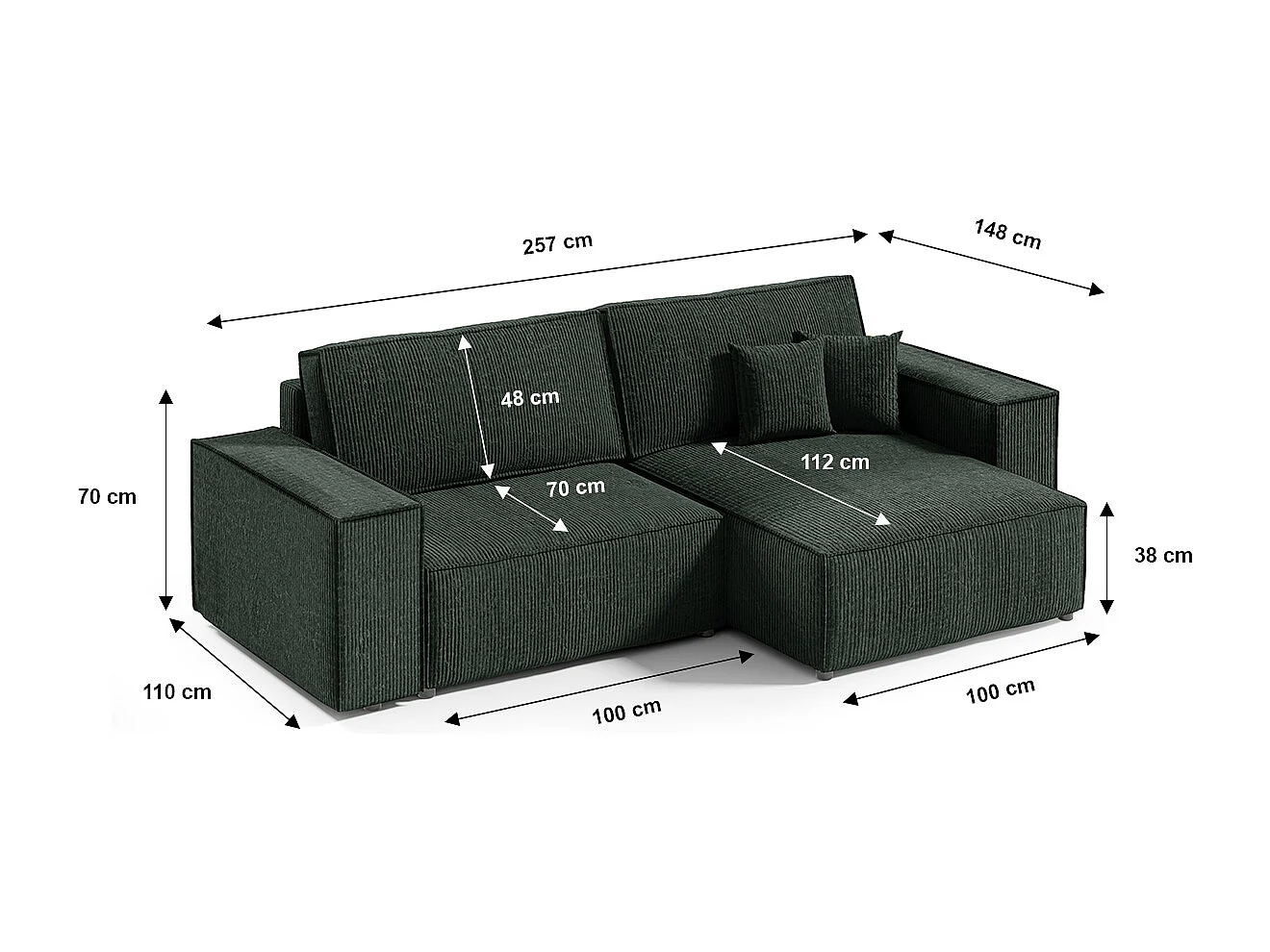 Canapé d'angle réversible et convertible 3 places avec coffre Isaac Mini velours côtelé Vert sapin