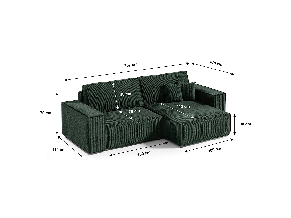 Canapé d'angle convertible 3 places avec coffre en velours vert