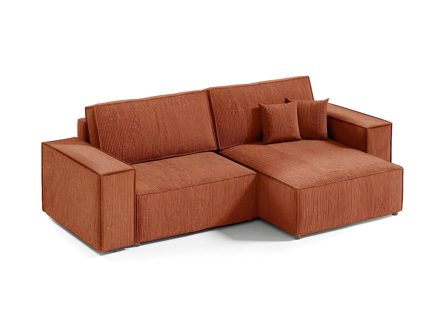 Canapé d'angle réversible et convertible 3 places avec coffre Isaac Mini velours côtelé Orange brique