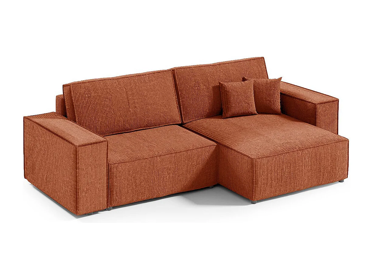 Canapé d'angle réversible et convertible 3 places avec coffre Isaac Mini velours côtelé Orange brique