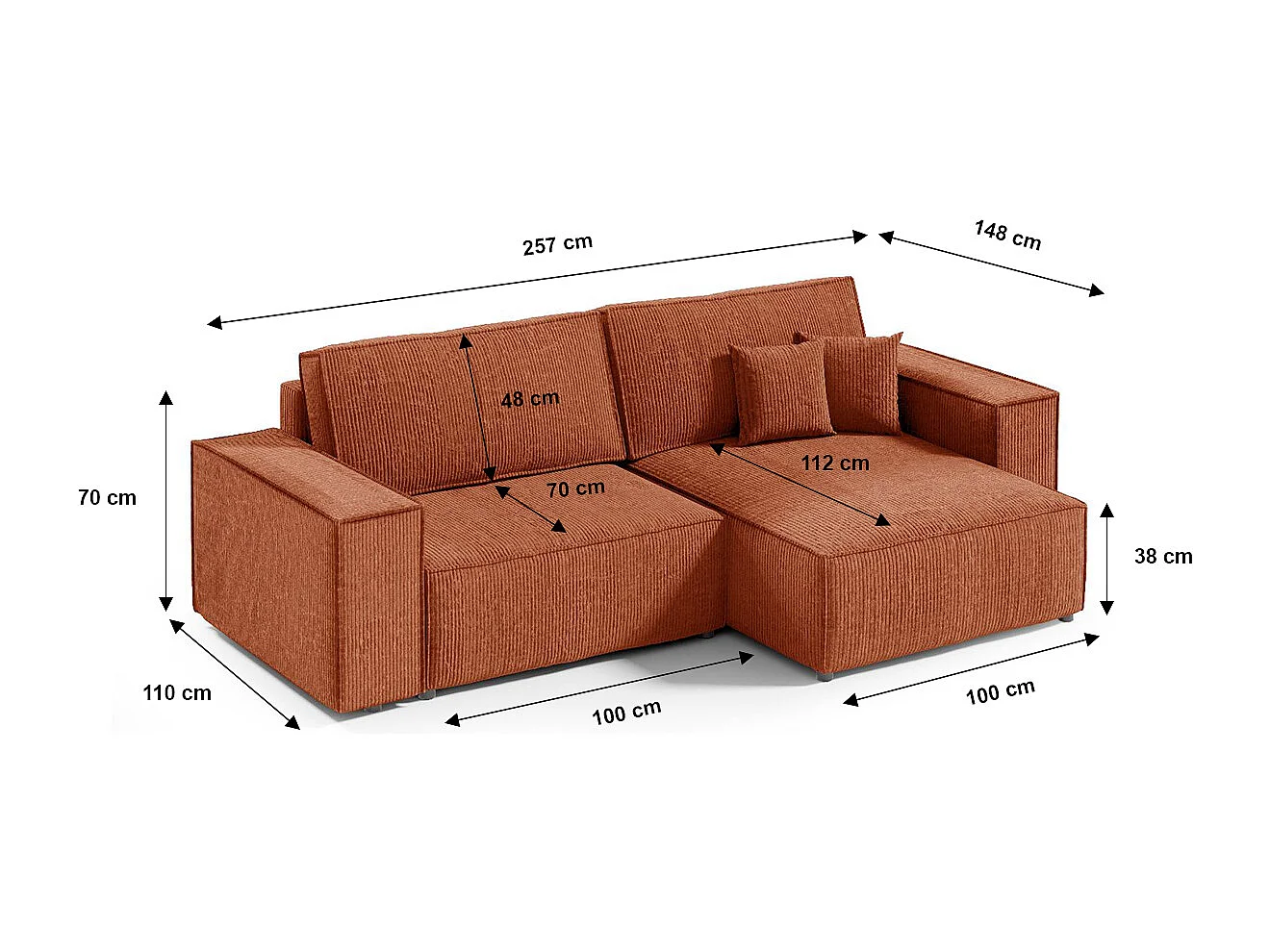 Canapé d'angle réversible et convertible 3 places avec coffre Isaac Mini velours côtelé Orange brique