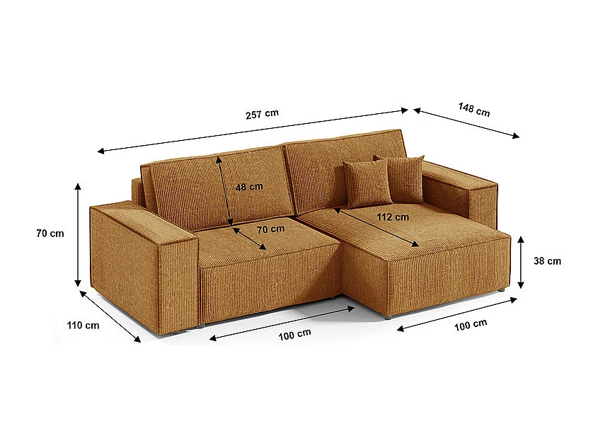 Canapé d'angle réversible et convertible 3 places avec coffre Isaac Mini velours côtelé Jaune