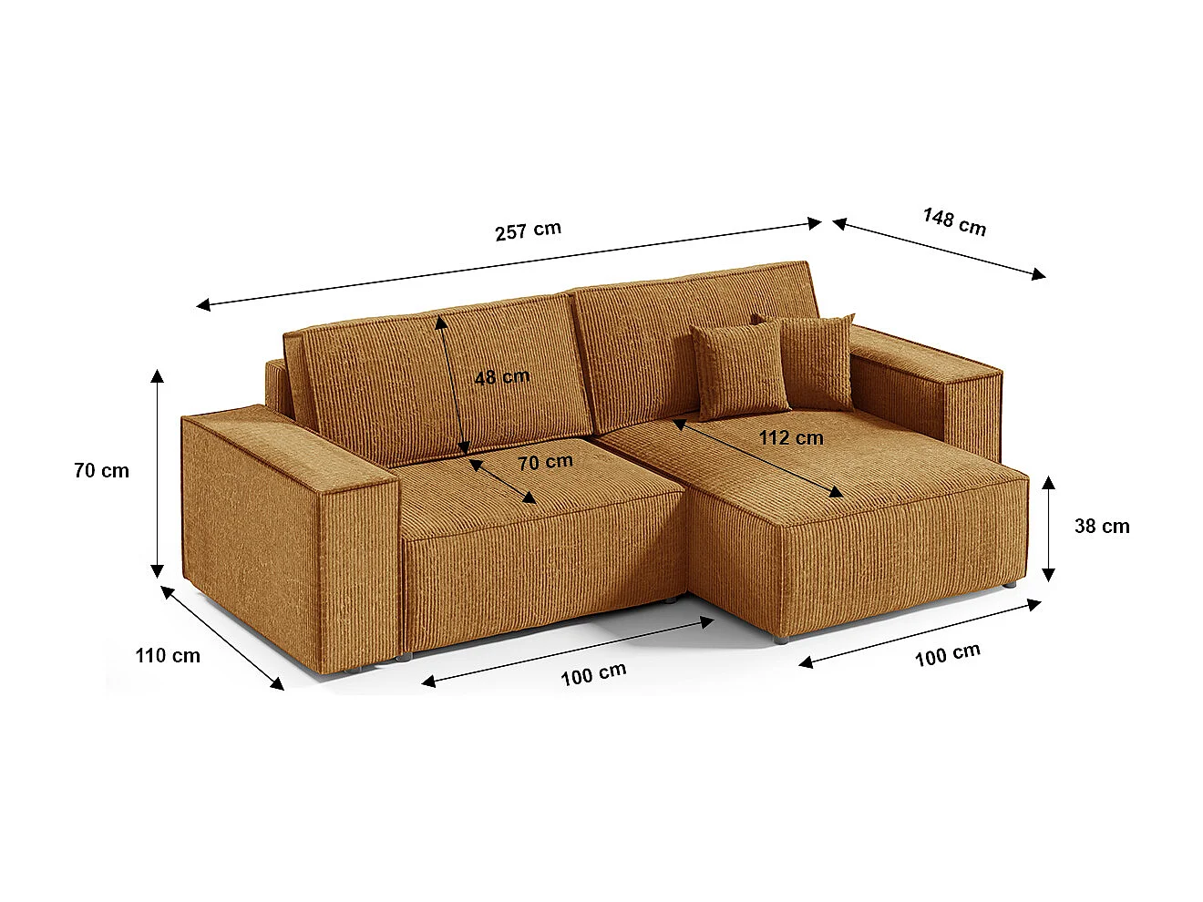Canapé d'angle réversible et convertible 3 places avec coffre Isaac Mini velours côtelé Jaune