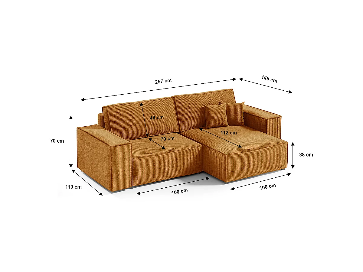 Canapé d'angle convertible 3 places avec coffre en velours jaune