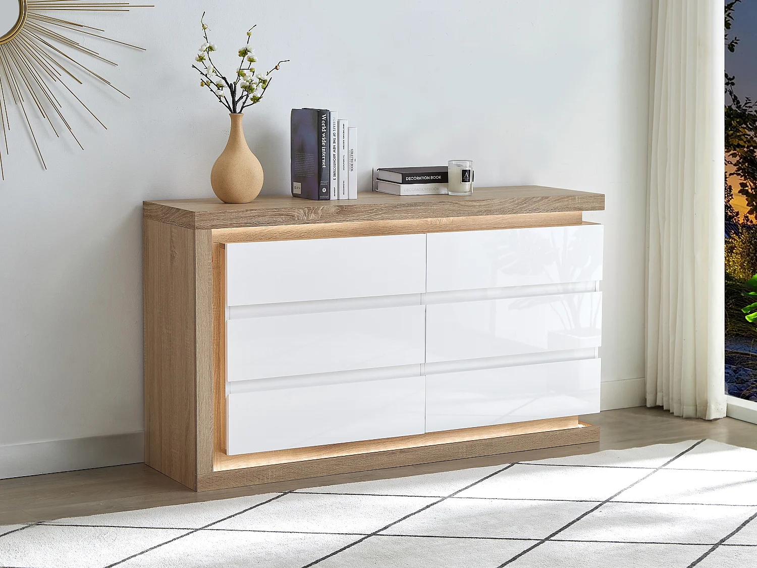 Commode 6 tiroirs - Avec LEDs - MDF - Blanc laqué et naturel - FLARANCIA