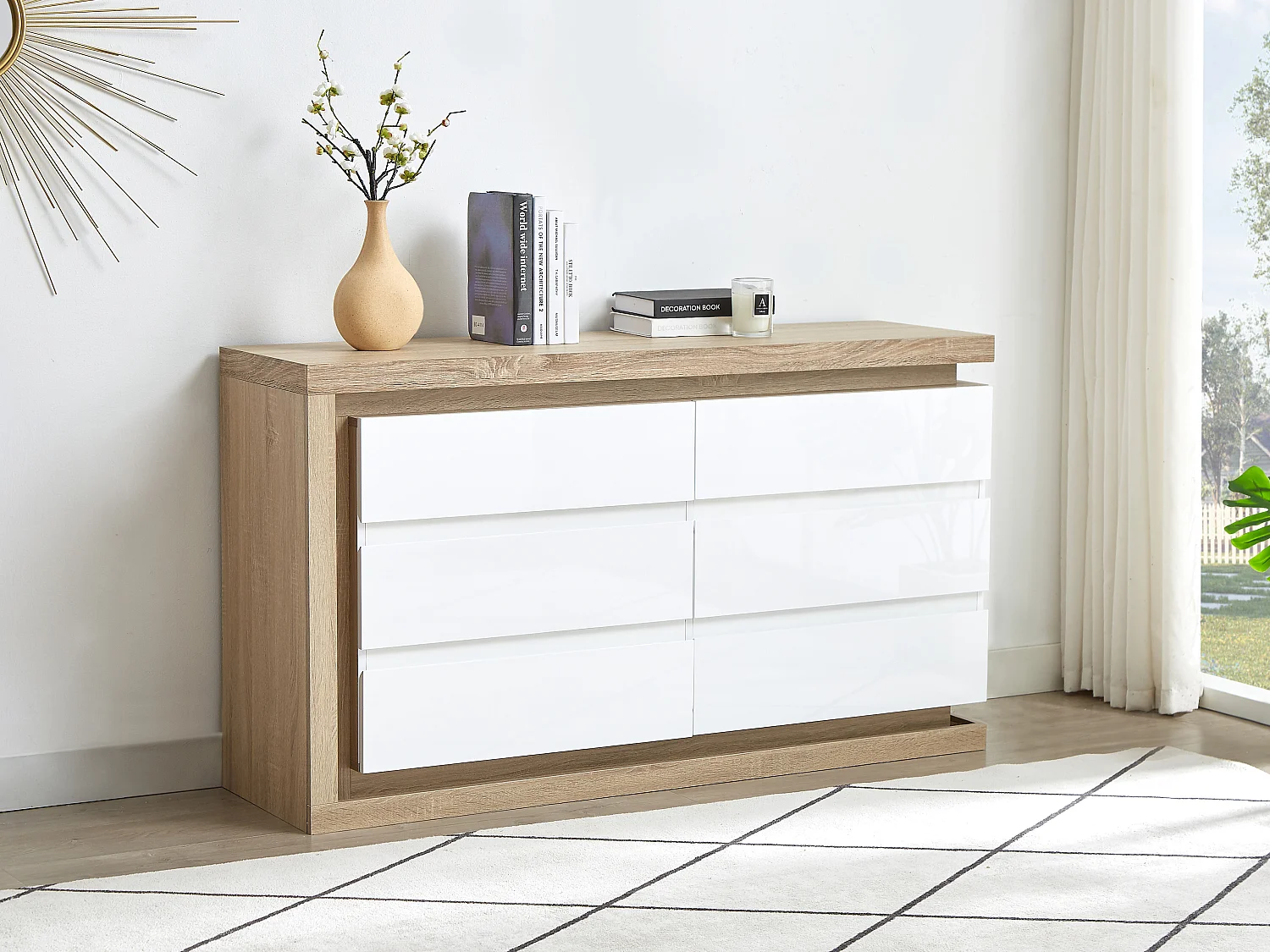 Cómoda de 6 cajones - Con LEDs - MDF - Blanco lacado y natural - FLARANCIA