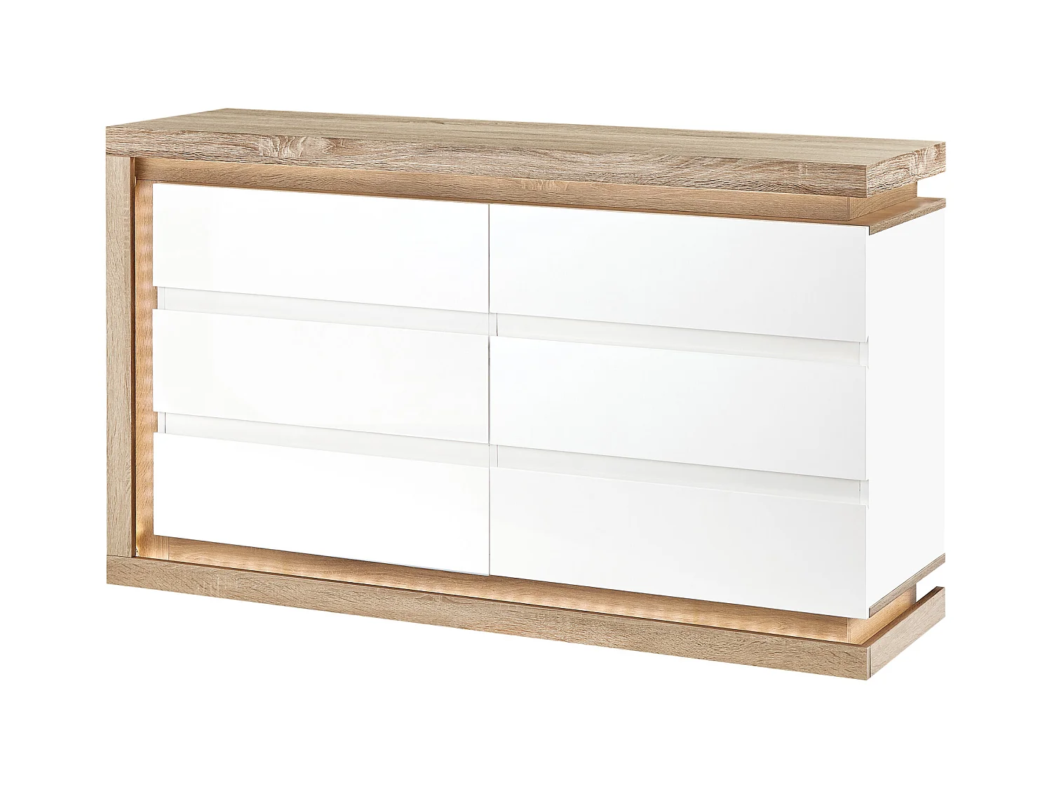 Cómoda de 6 cajones - Con LEDs - MDF - Blanco lacado y natural - FLARANCIA