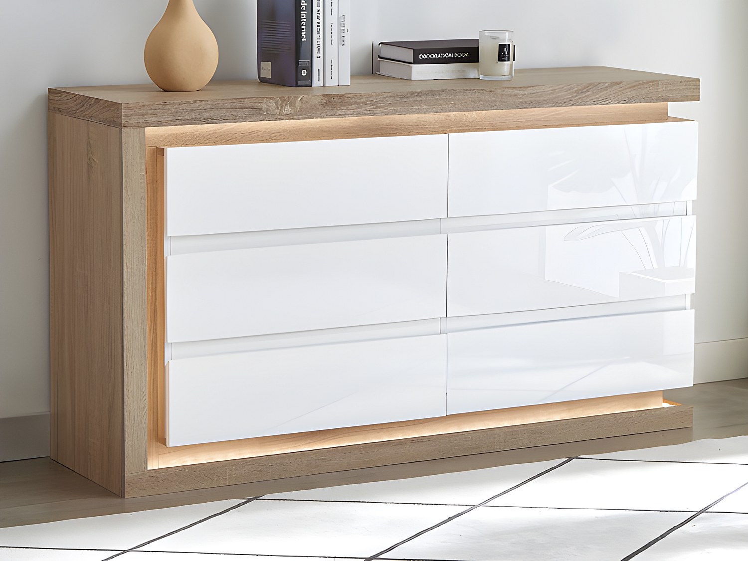 Kommode med 6 skuffer med LED-lys MDF hvit høyglans og naturlig tre FLARANCIA