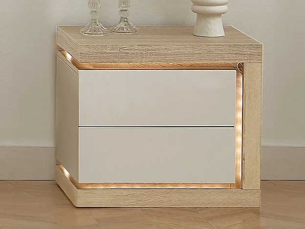 Nachttisch mit 2 Schubladen - rechte Seite - Mit LED-Beleuchtung - Weiß lackiert und Holzfarben - FLARANCIA