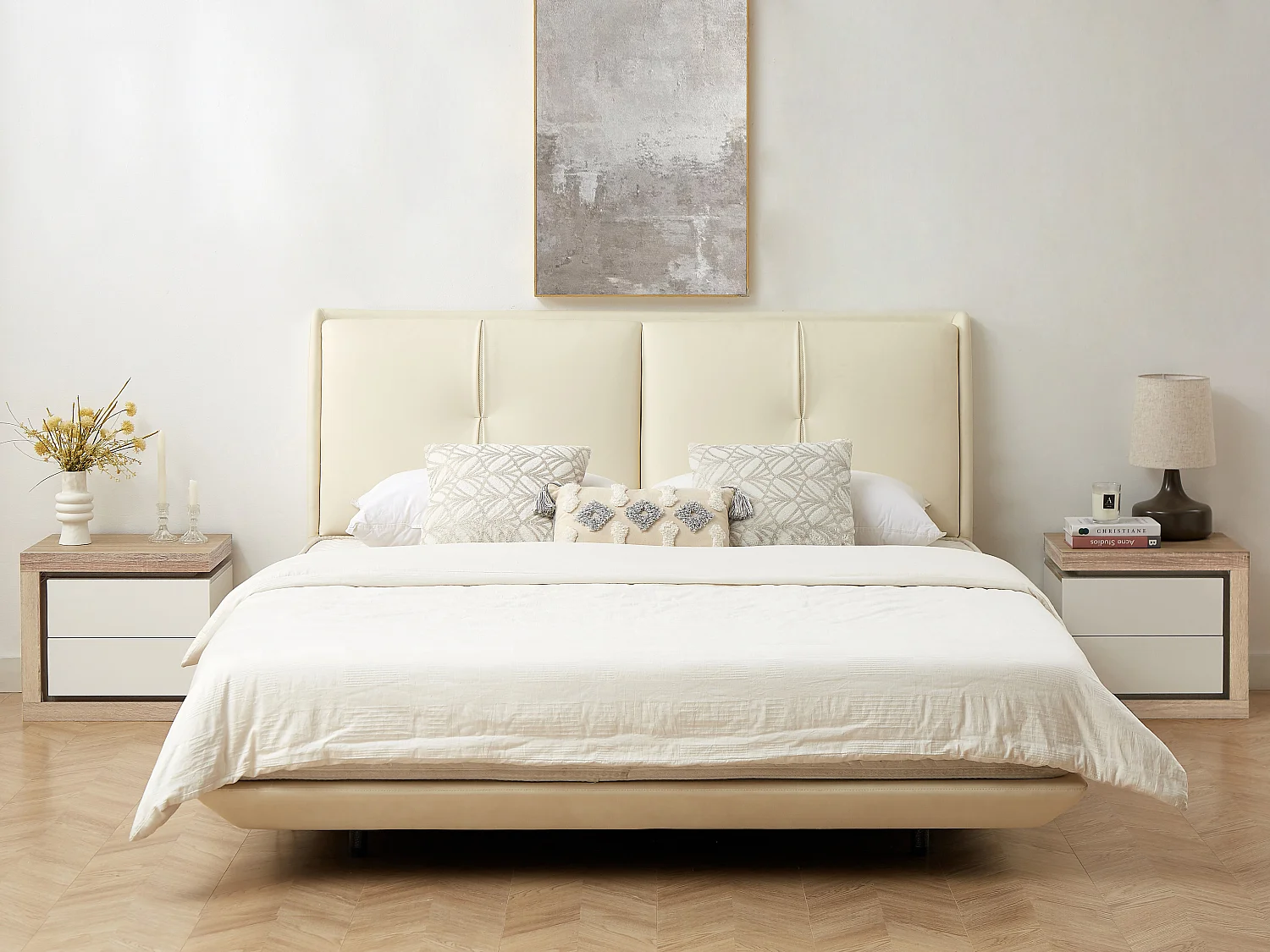 Comodino lato destro con 2 cassetti Con LED Bianco laccato e Naturale - FLARANCIA