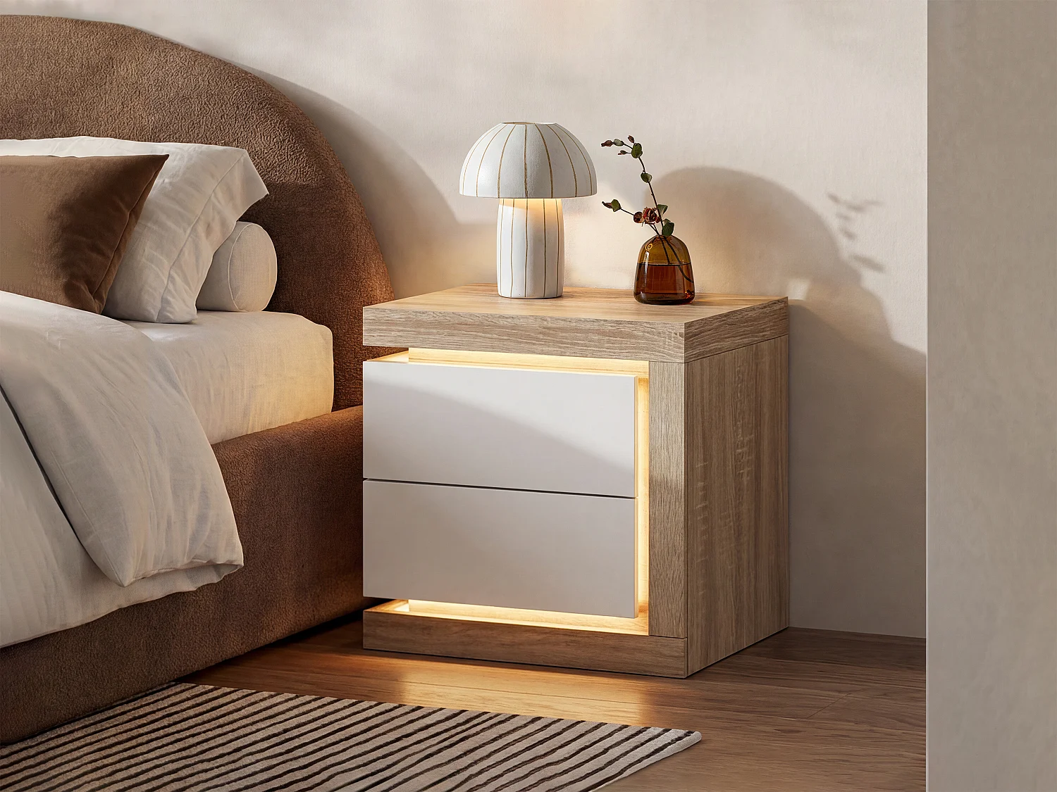 Table de chevet côté droit avec 2 tiroirs - Avec LEDs - Blanc laqué et naturel - FLARANCIA