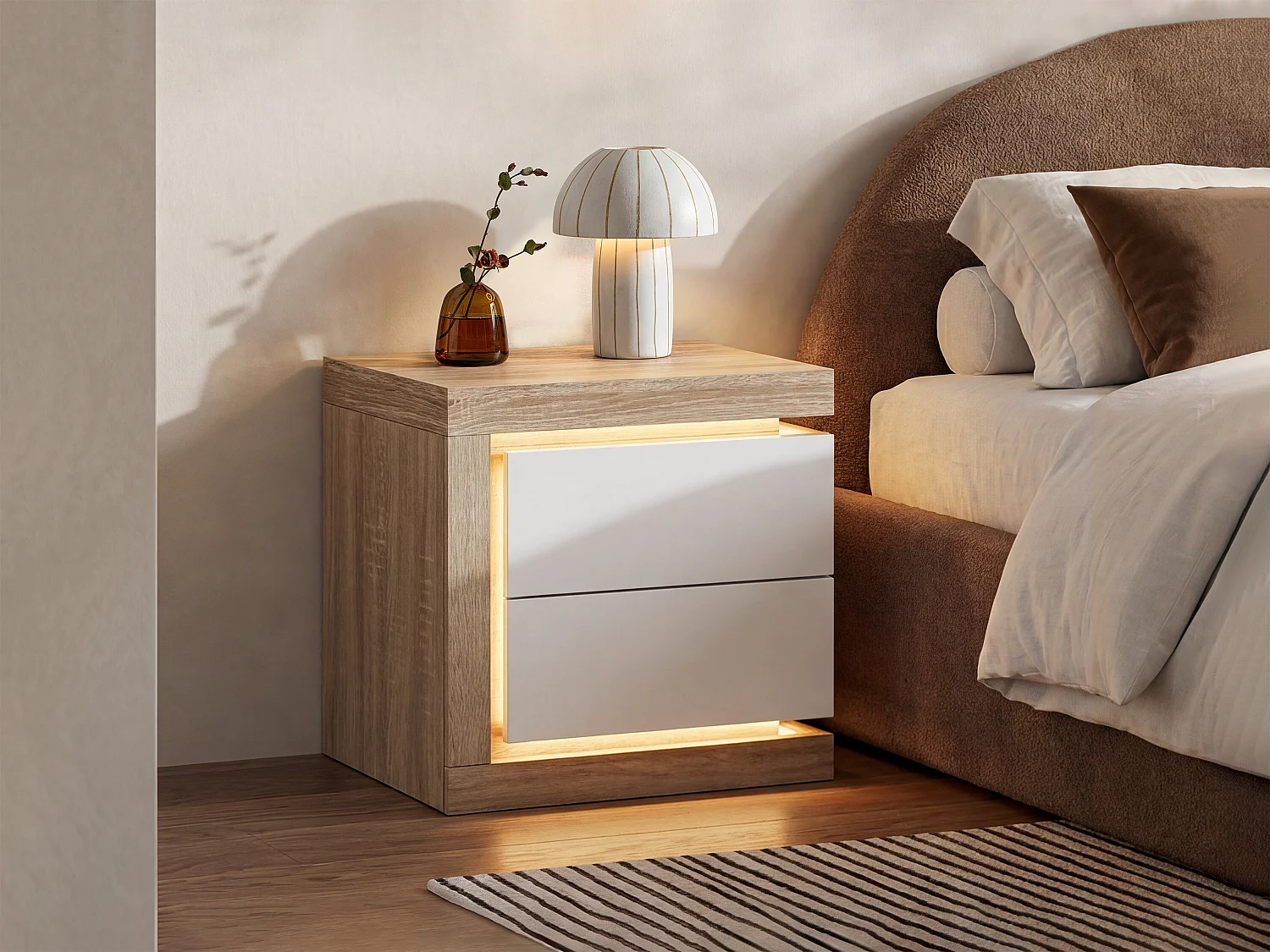 Bedside table, left-hand side with 2 drawers - With LEDs - Lacquered white and natural - FLARANCIA
