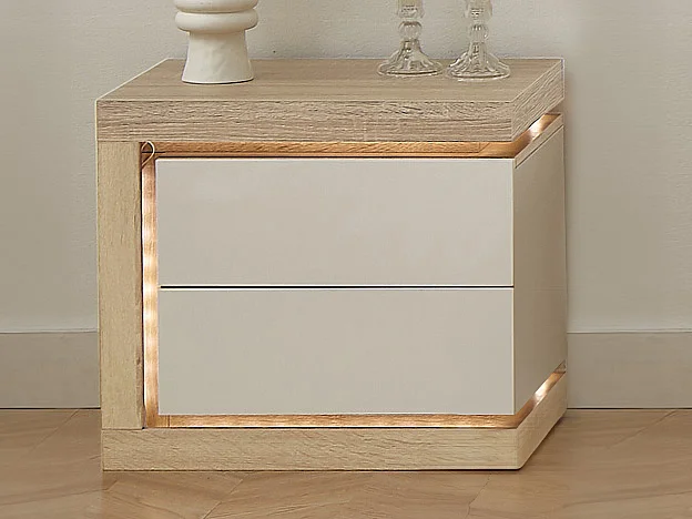 Table de chevet côté gauche avec 2 tiroirs - Avec LEDs - Blanc laqué et naturel - FLARANCIA